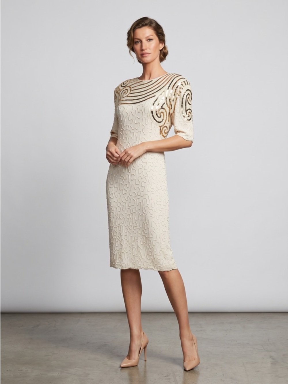 🌻VINTAGE Ivory & Gold Raiment Silk Beaded & Sequined Cocktail Dress Size Medium